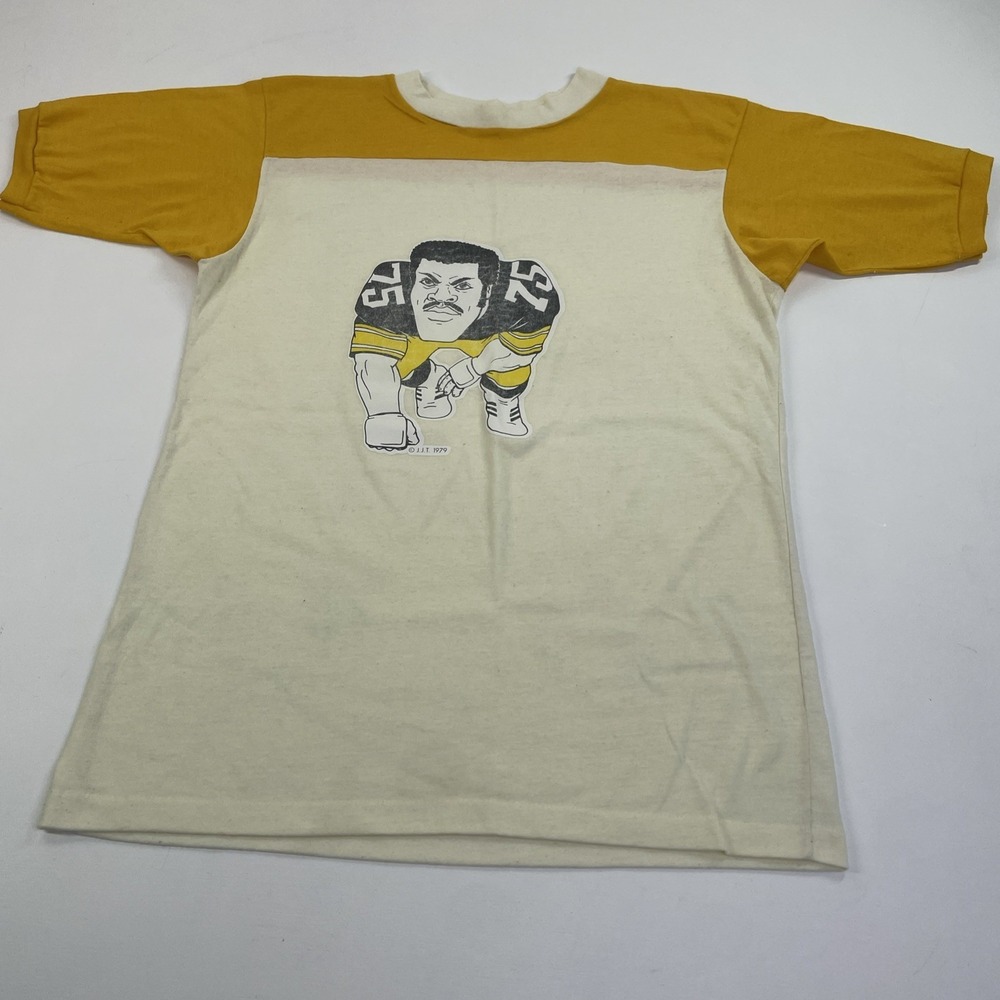 Vintage 1979 Steeler T Shirt "Mean" Joe Greene  #75 Cartoon Yellow White M/L ?‎